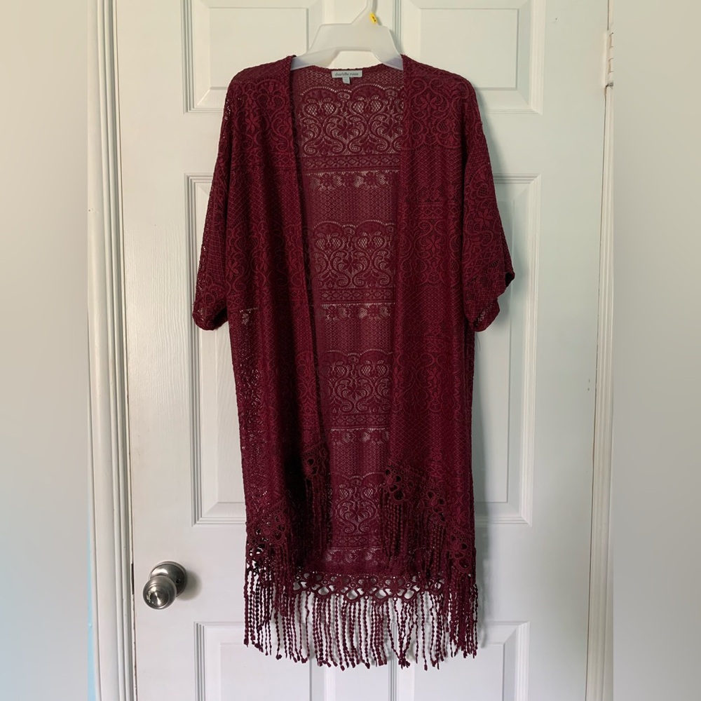 Charlotte Russe Maroon/Burgundy Floral Damask Fringe Cardigan Sz S